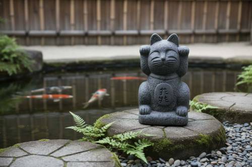 1 - Statua Maneki-neko in ceramica – Gatto portafortuna - altezza 21 cm.