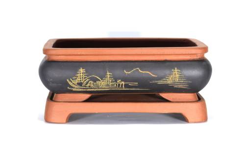 2 - Vaso bonsai rettangolare cm. 33 in gres decorato con sottovaso