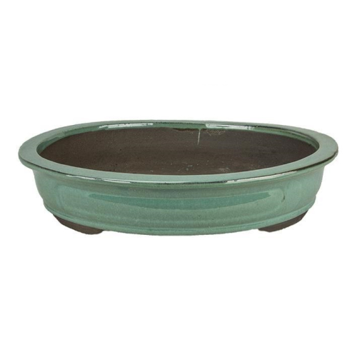 Pot à bonsaï ovale émaillé vert 40 cm.