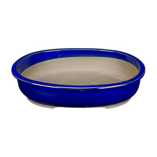 Pot à bonsaï ovale émaillé bleu 37 cm