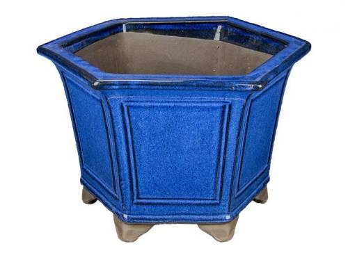 2 - Vaso bonsai smaltato esagonale blu 26 cm.