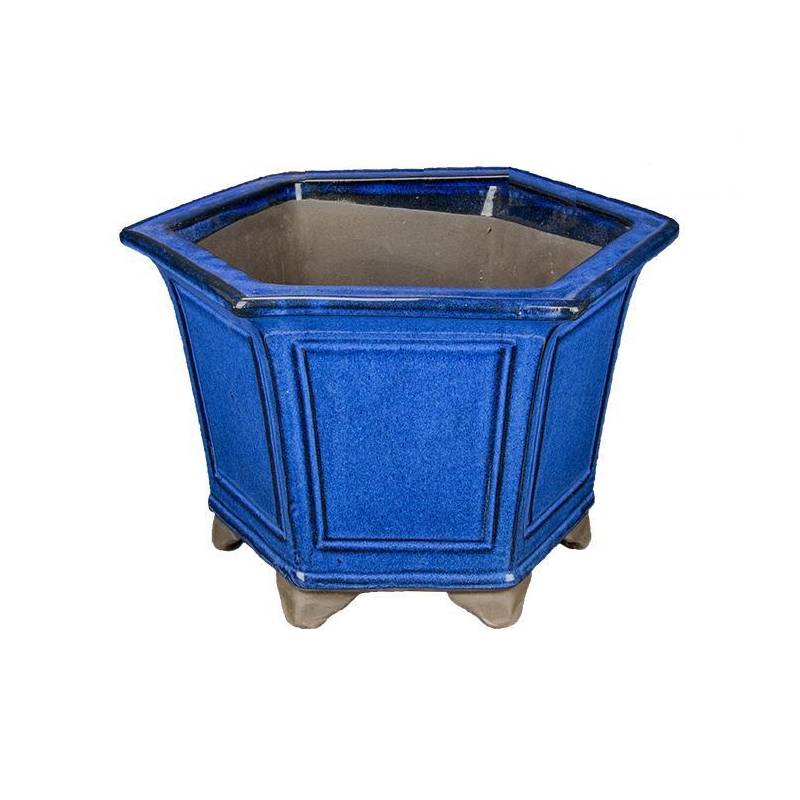2 - Vaso bonsai smaltato esagonale blu 26 cm.